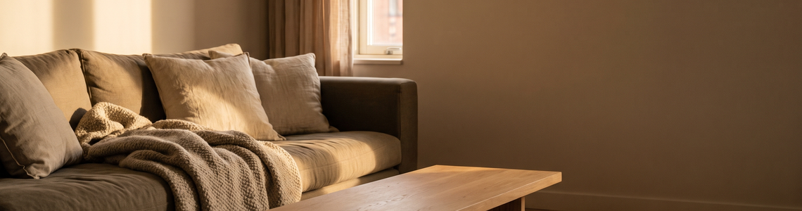 Leeres Sofa mit Decke und Kissen im warmen Abendlicht