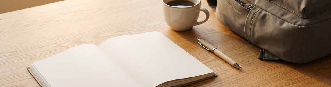 Notizbuch mit leeren Seiten neben Stift, Kaffee und Rucksack
