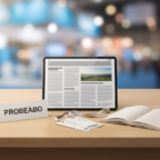 Tagesspiegel Probeabo: Tablet mit digitaler Zeitung und zwei Messetickets auf einem Tisch vor einer Technikmesse