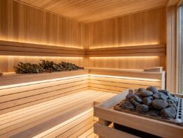 Sauna mit Holzbänken und warmem Licht