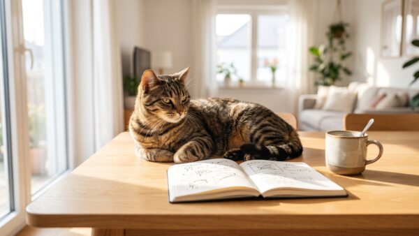 tierarztkosten katze planung Katze liegt neben Notizbuch auf dem Tisch - Tierarztkosten planen und absichern