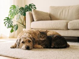 Hund und Katze liegen entspannt nebeneinander im Wohnzimmer - Tierkrankenversicherung fuer Hund und Katze
