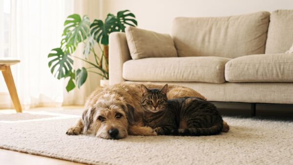 tkv hund katze Hund und Katze liegen entspannt nebeneinander im Wohnzimmer - Tierkrankenversicherung fuer Hund und Katze