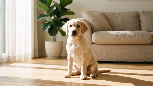 tkv welpe Junger Labrador-Welpe sitzt im Wohnzimmer - Tierkrankenversicherung frueh abschliessen