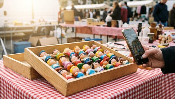 tonies gebraucht marktplaetze flohmarkt Gebrauchte Tonies auf einem Flohmarktstand in einer Holzkiste