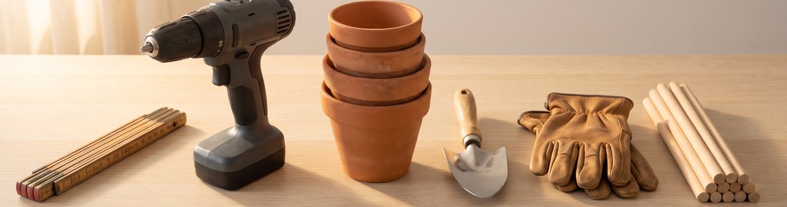 toom Gutschein Header mit Werkzeug und Gartenzubehoer auf Holzwerkbank