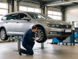 Pruefingenieur begutachtet Auto auf der Hebebuehne bei der Hauptuntersuchung