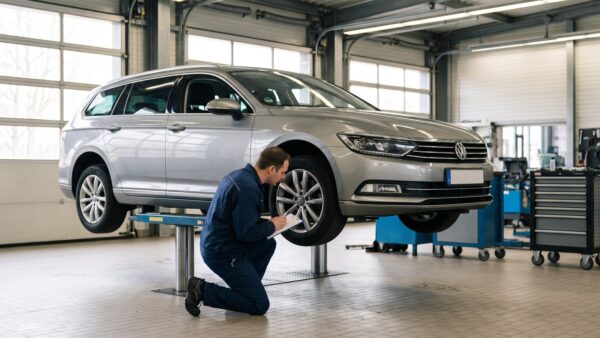 tuev kosten pruefhalle Pruefingenieur begutachtet Auto auf der Hebebuehne bei der Hauptuntersuchung