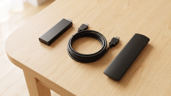 Streaming-Stick, HDMI-Kabel und Fernbedienung auf dem Tisch