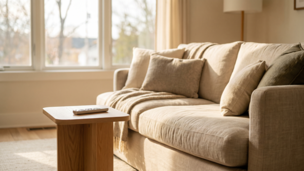 Wohnzimmer mit Sofa und Fernbedienung auf dem Beistelltisch