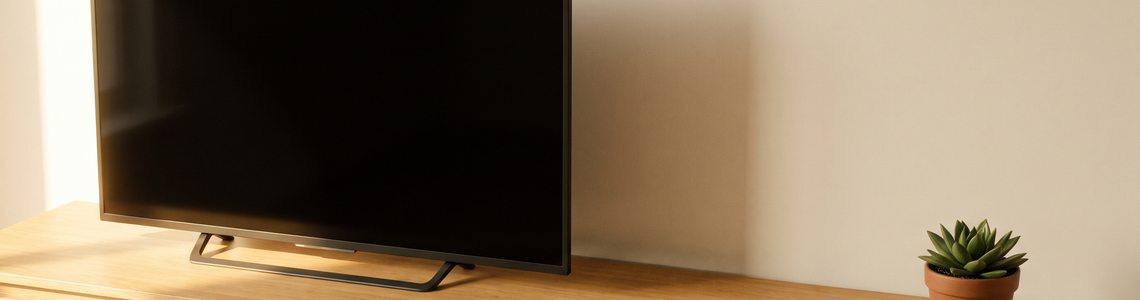 Flacher Fernseher mit dunklem Bildschirm neben Fernbedienung und Pflanze