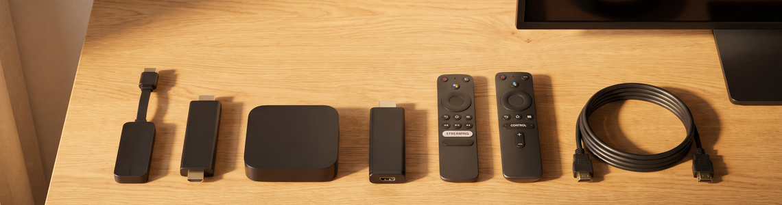 Vier Streaming-Sticks mit Fernbedienungen und HDMI-Kabel vor einem Fernseher
