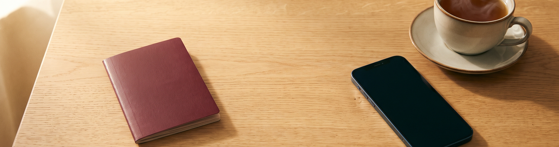 Reisepass ohne Aufdruck neben Smartphone und Teetasse