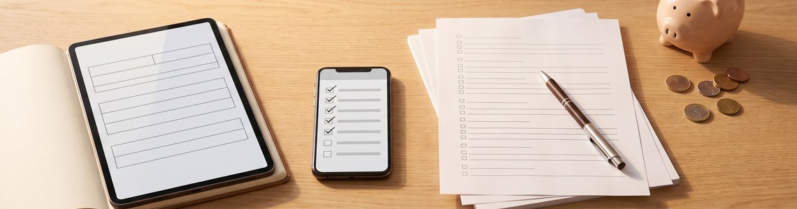 Mit Umfragen Geld verdienen: Fragebogen, Smartphone und Sparschwein auf dem Schreibtisch