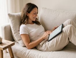 Frau beantwortet zu Hause auf dem Tablet eine bezahlte Online-Umfrage