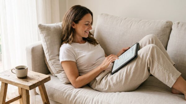 Frau beantwortet zu Hause auf dem Tablet eine bezahlte Online-Umfrage