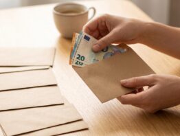 Bargeld wird bei der Umschlagmethode in einen Papierumschlag einsortiert