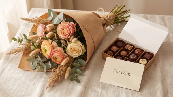 valentinstag 2027 geschenke Blumenstrauß, Pralinenschachtel und Geschenkgutschein als typische Valentinstagsgeschenke