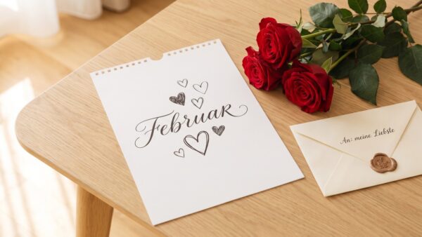 valentinstag 2027 kalender Kalenderblatt vom 14. Februar mit roten Rosen und Umschlag auf hellem Holztisch