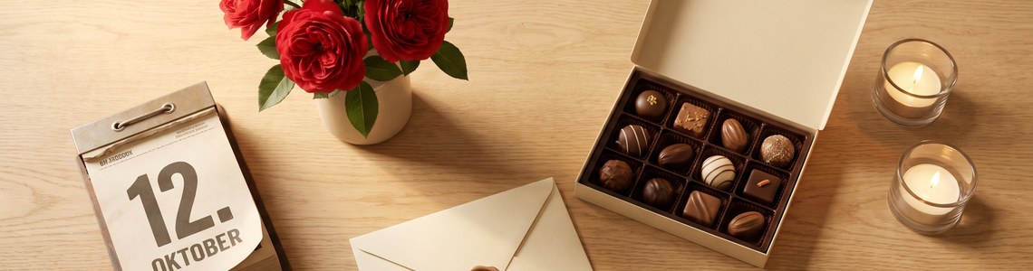 Valentinstag 2027 Header mit Rosen Kalender und Pralinen