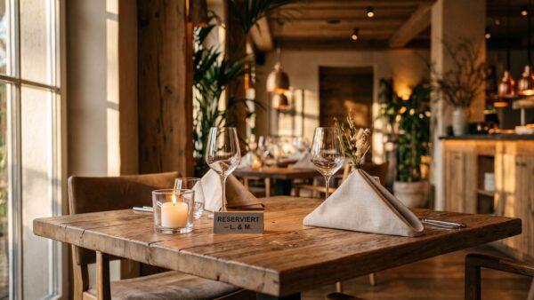 valentinstag 2027 restaurant Gedeckter Restauranttisch mit Kerze und Reservierungsschild am Valentinstag