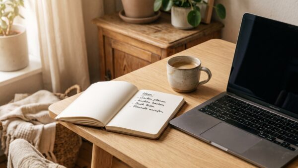 valentinstag 2027 zeitplan Notizbuch mit Zeitplan für Valentinstags-Vorbereitung neben Laptop und Kaffeetasse