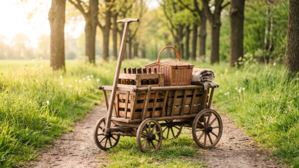 vatertag 2027 bollerwagen Bollerwagen mit GetrĂ€nken und Picknickkorb auf einem Feldweg im FrĂŒhling
