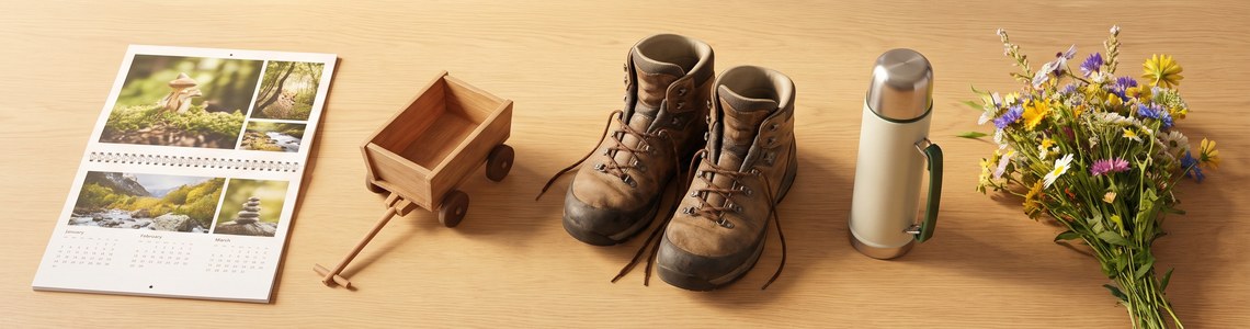 Vatertag 2027 Header mit Bollerwagen Wanderschuhen und Kalender