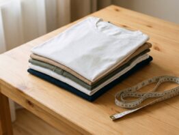 Gefaltete Shirts im Stapel auf einem Holztisch