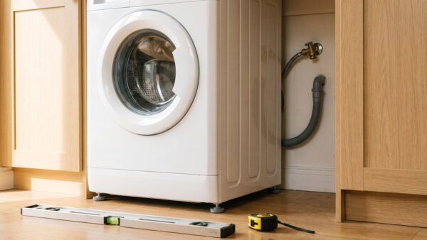 waschmaschine kaufberatung aufstellung Waschmaschine in Nische mit Wasserwaage, Massband und Wasseranschluss