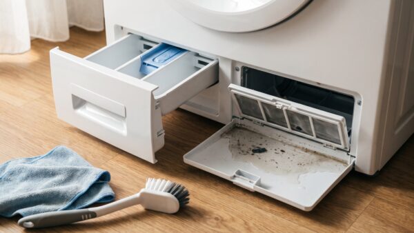 waschmaschine kaufberatung pflege Waschmittelschublade und geoeffnetes Flusensieb einer Waschmaschine