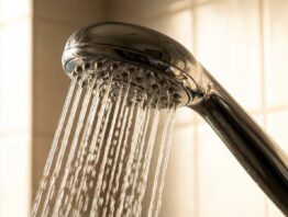 Nahaufnahme eines Duschkopfs mit feinen Wasserstrahlen