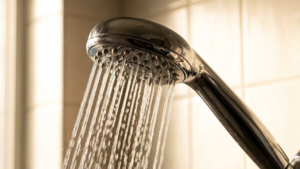Nahaufnahme eines Duschkopfs mit feinen Wasserstrahlen