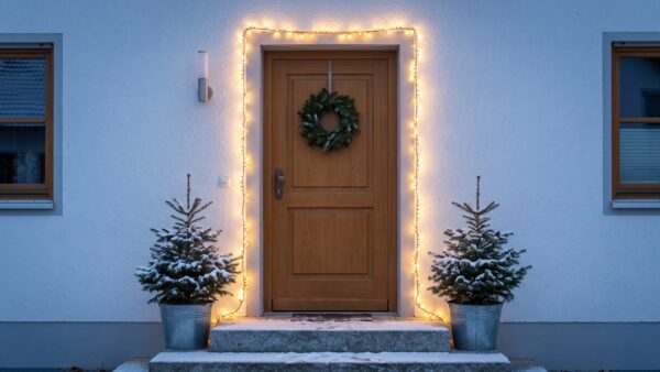 wdo 1 hauseingang Weihnachtsdeko auĂen an Hauseingang mit Lichterkette und TannengrĂŒn