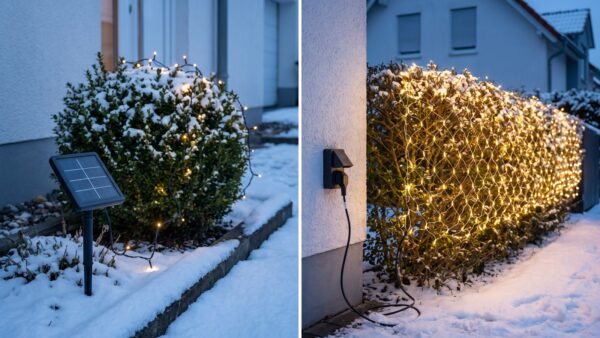 wdo 4 solar Solar-Lichterkette und Netzstecker-Lichterkette im Vergleich im winterlichen Garten