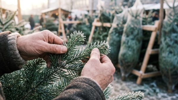 weihnachtsbaum frische pruefen Frische eines Weihnachtsbaums am Verkaufsstand mit den HĂ€nden prĂŒfen