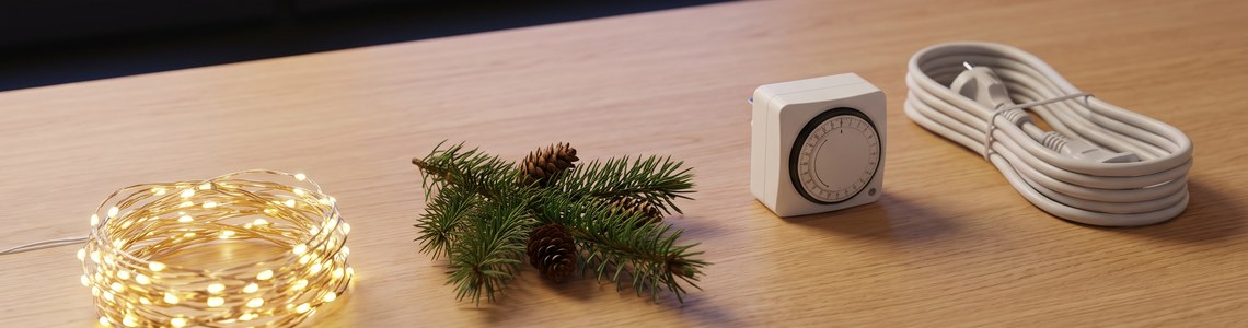 Weihnachtsbeleuchtung Stromkosten Ratgeber Header mit LED-Lichterkette und Zeitschaltuhr