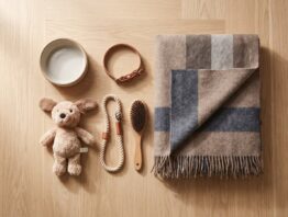 Welpenzubehoer von oben - Napf, Halsband, Leine, Kuscheltier und Decke als Erstausstattung