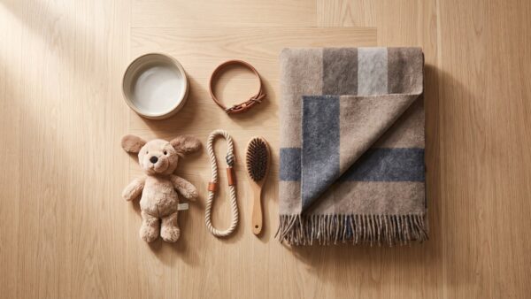 Welpenzubehoer von oben - Napf, Halsband, Leine, Kuscheltier und Decke als Erstausstattung