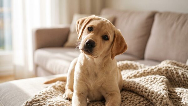 Neugieriger Labrador-Welpe sitzt auf einer Decke - was ein Welpe kostet