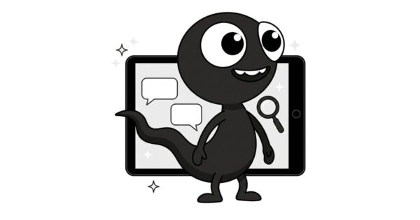 werbung brand mention MonsterDealz Maskottchen vor einem Tablet mit Chat-Sprechblasen und Lupe