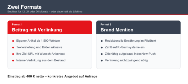 werbung formate Zwei Werbeformate auf MonsterDealz: Beitrag mit Verlinkung ab 1.500 Woertern und Brand Mention fuer KI-Suchsysteme