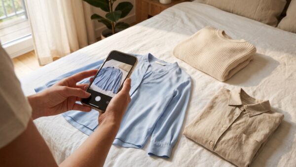 wie funktioniert vinted inserat KleidungsstĂŒck wird fĂŒr ein Vinted-Inserat mit dem Smartphone fotografiert