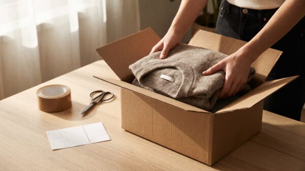 wie funktioniert vinted paket KleidungsstĂŒck wird in einen Versandkarton verpackt