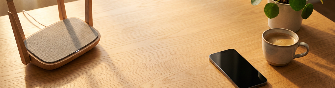 WLAN-Telefonie: Router und Smartphone auf einem hellen Tisch