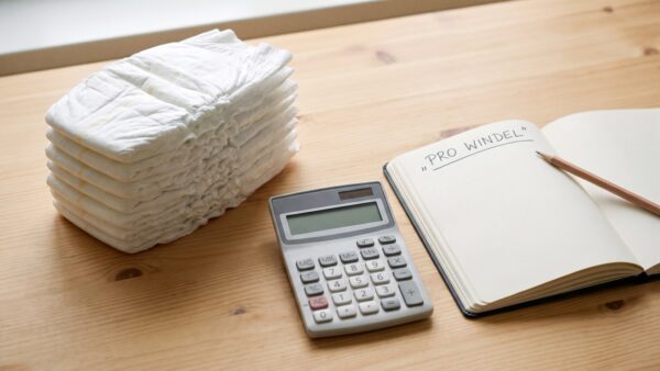 windeln preis pro windel Windelstapel mit Taschenrechner und Notizblock - Preis pro Windel berechnen