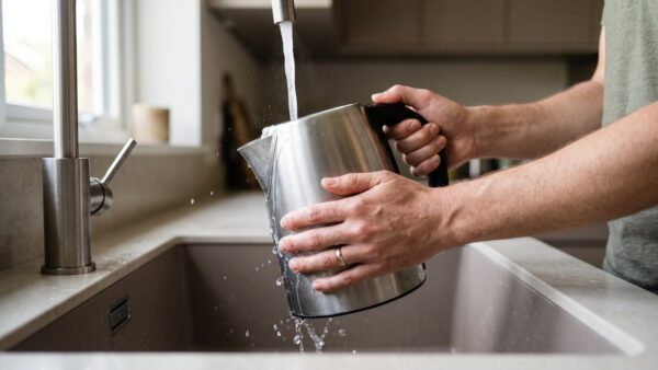 Wasserkocher nach dem Entkalken unter fliessendem Wasser ausspuelen