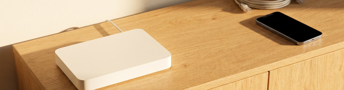 Weißer Router ohne Aufkleber neben Netzwerkkabel und Smartphone