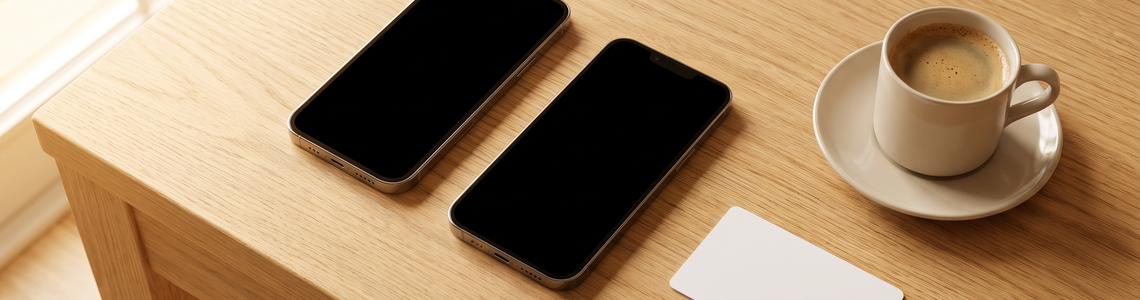 Zwei Smartphones mit dunklen Bildschirmen neben einem leeren Kärtchen