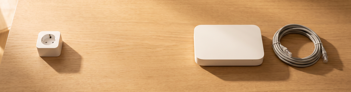Weißer Steckdosenadapter neben Router und Netzwerkkabel